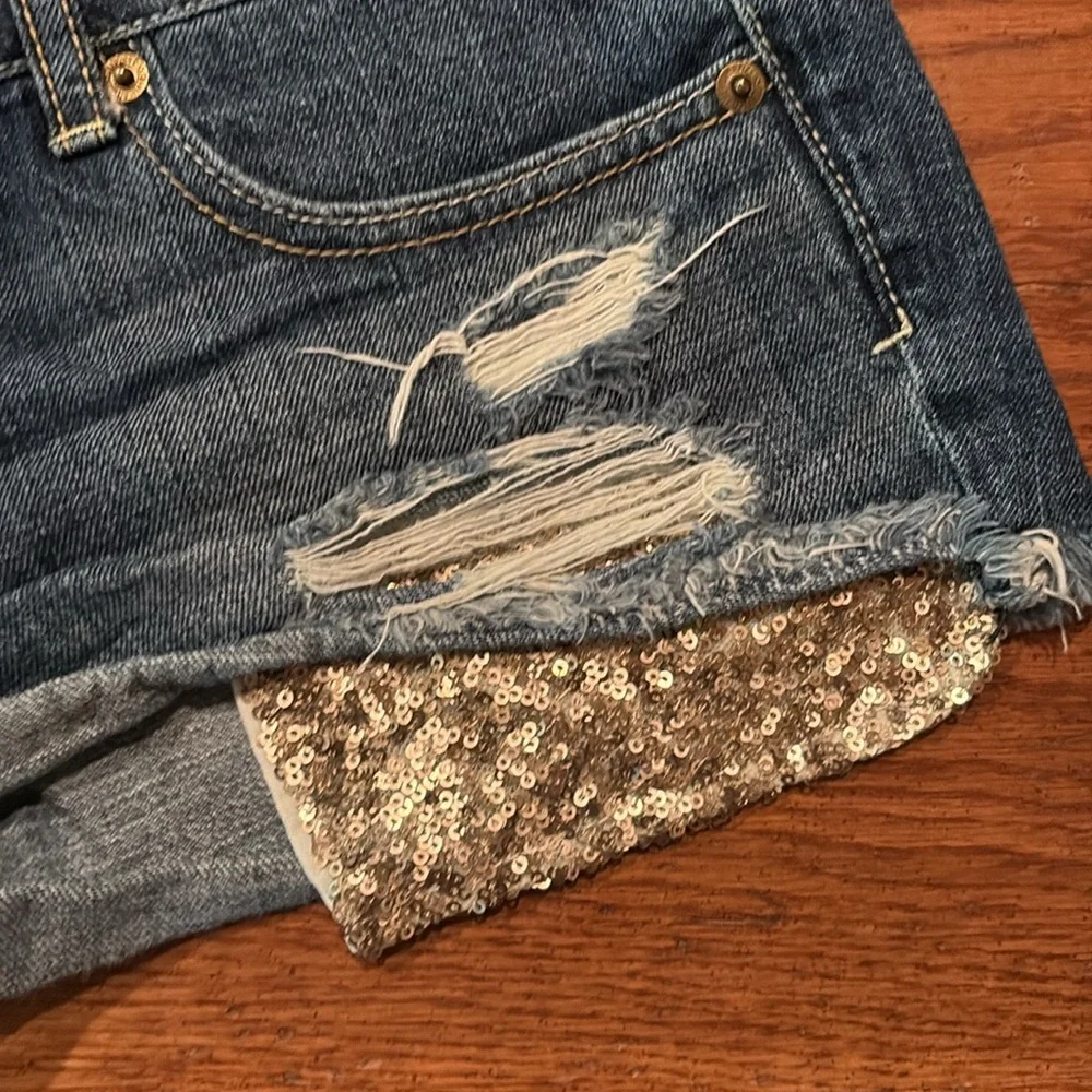 American Eagle Outfitters Blue and Gold Jean Shorts Distressed - Picture 3 of 5